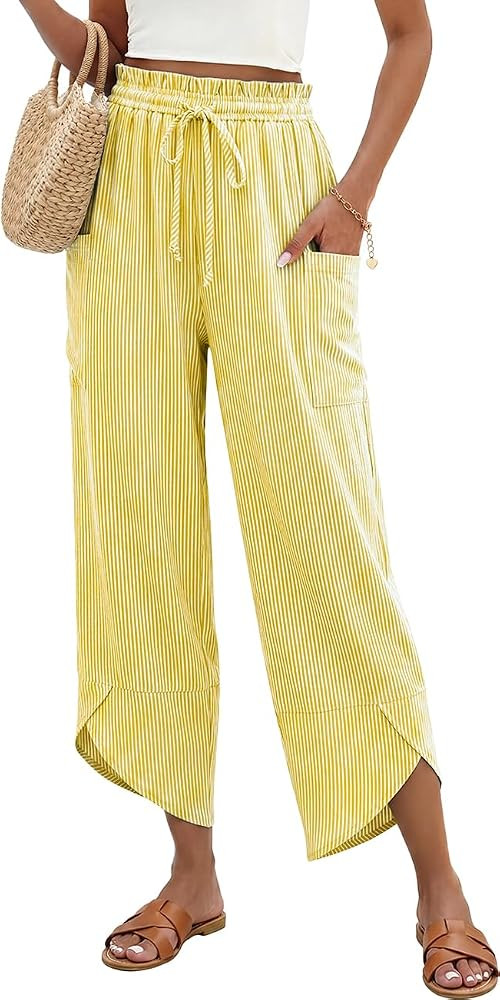 TARSE Womens Linen Palazzo Pants Wide Leg Striped Casual Capri Pant Drawstring Summer Harem Pants... | Amazon (US)