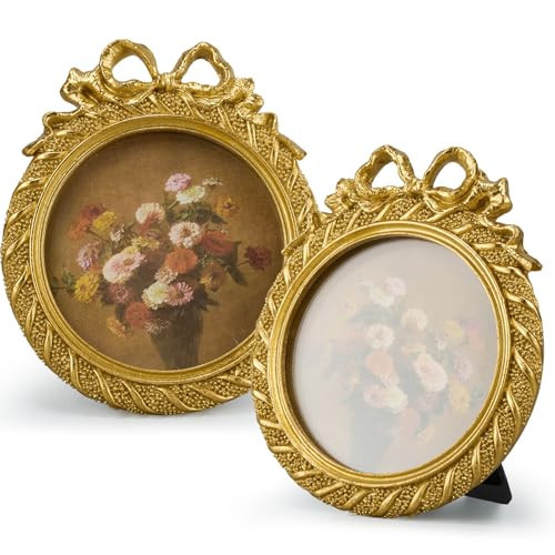Chunful 1 Pcs Vintage Gold Bow Picture Frames 3.5x3.5 Inch Round Antique Photo Frames Ornate Baroque Resin with Glass Front for Home Tabletop Display Wedding Gallery Wall Hanging Party Decor | Amazon (US)