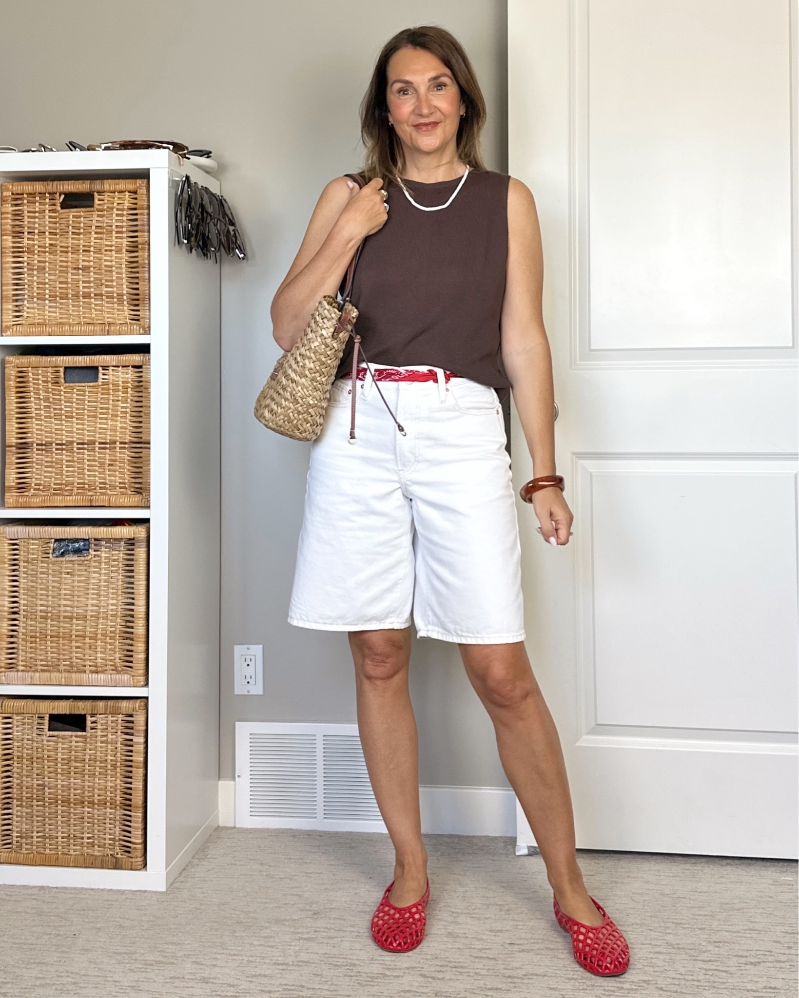Finally short sweater! My Bermuda shorts fit big, I had to do down one size (I got mine last year so it’s possible they have adjusted the sizing, maybe order both sizes to see).
Tank top is a lightweight knit and fits tts, tons of colors available!
Also linked my straw bag, bangle bracelet, bandana scarf I’m using as a belt and similar red mesh flats (mine are from last year).
She’ll necklace I bought in Hawaii

#LTKootd #LTKSeasonal #LTKOver40