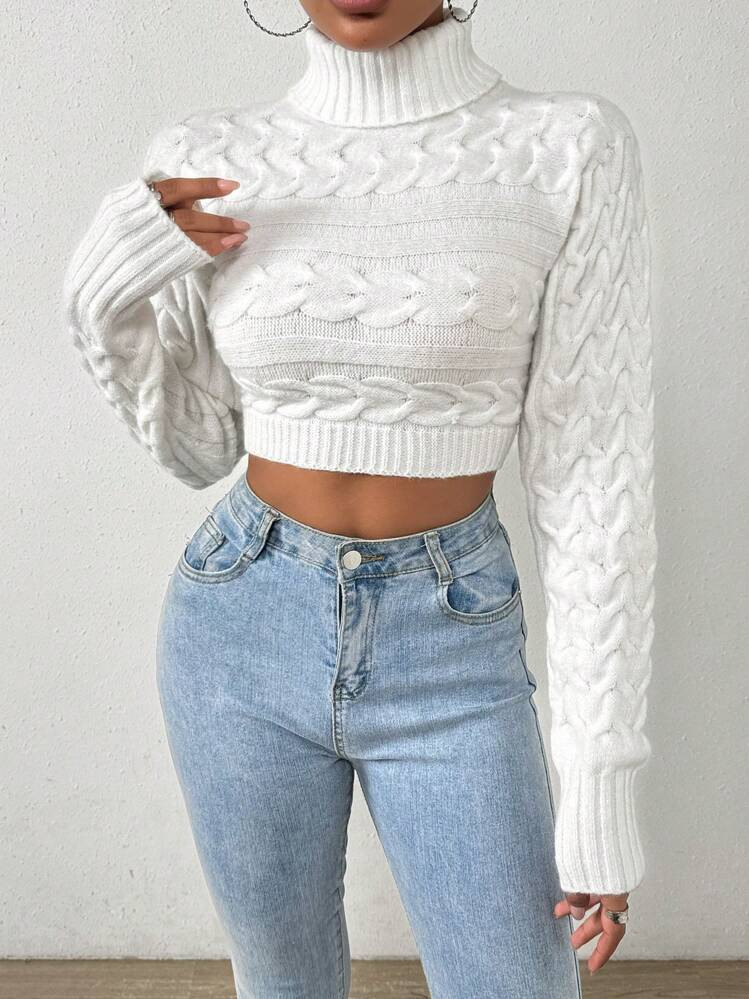 Chiquease Solid Colored Turtleneck Cable Knit Cropped Sweater,Long Sleeve Tops Knit Pullover Fall Winter Outfit | SHEIN