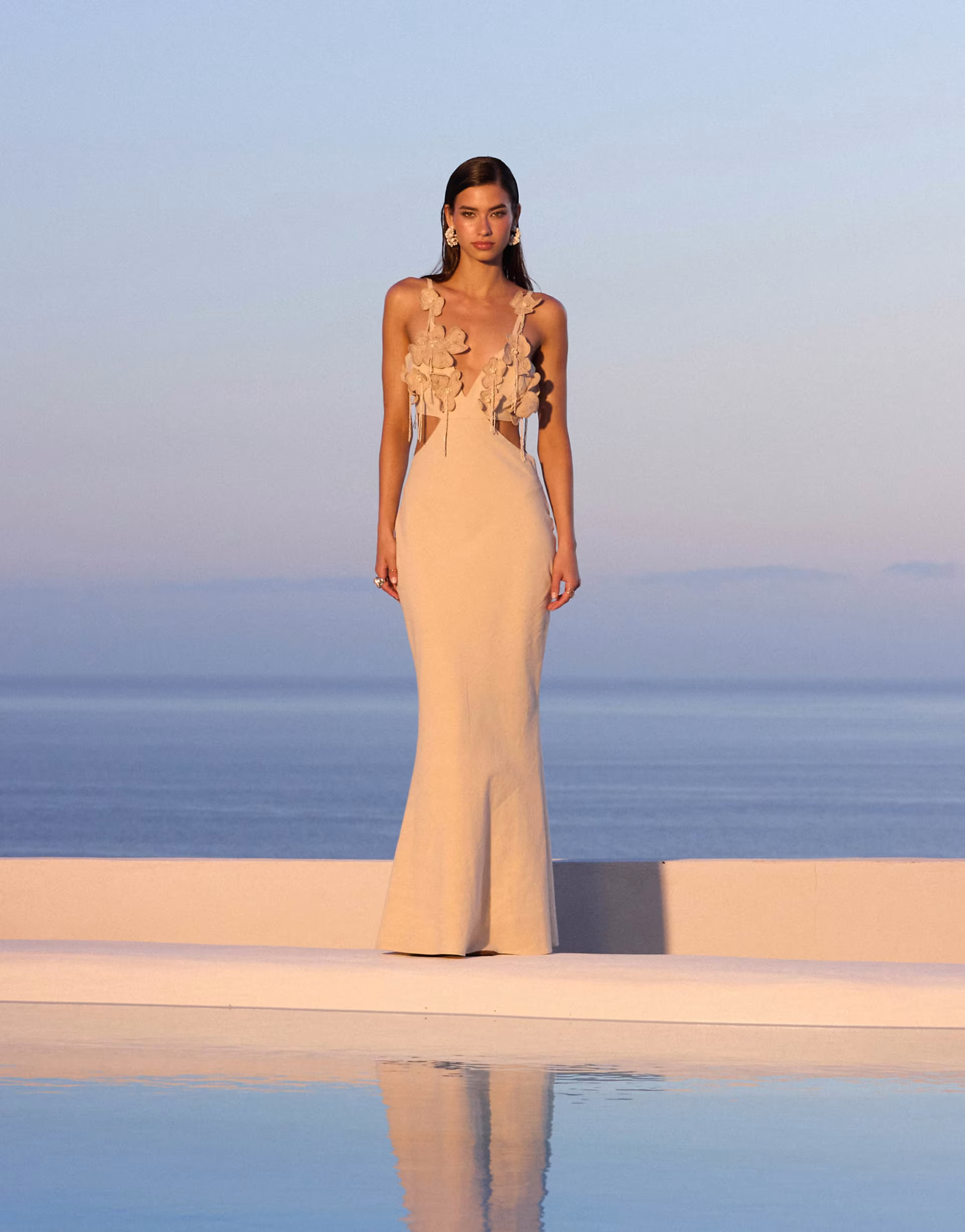 ASOS DESIGN crochet embellished bust cut out linen look maxi dress in sand | ASOS (Global)