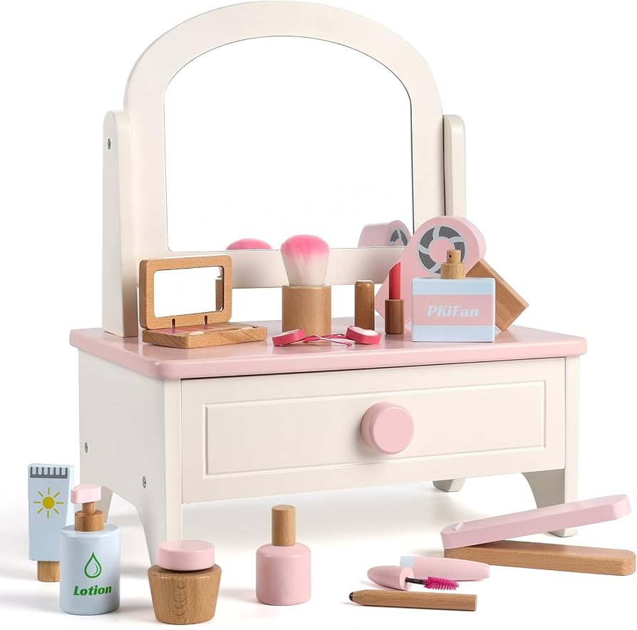 Wooden Makeup Toy Set for Girls Ages 3-6 | Toddler Vanity Set with 14 Safe Accessories | Pretend ... | Amazon (US)
