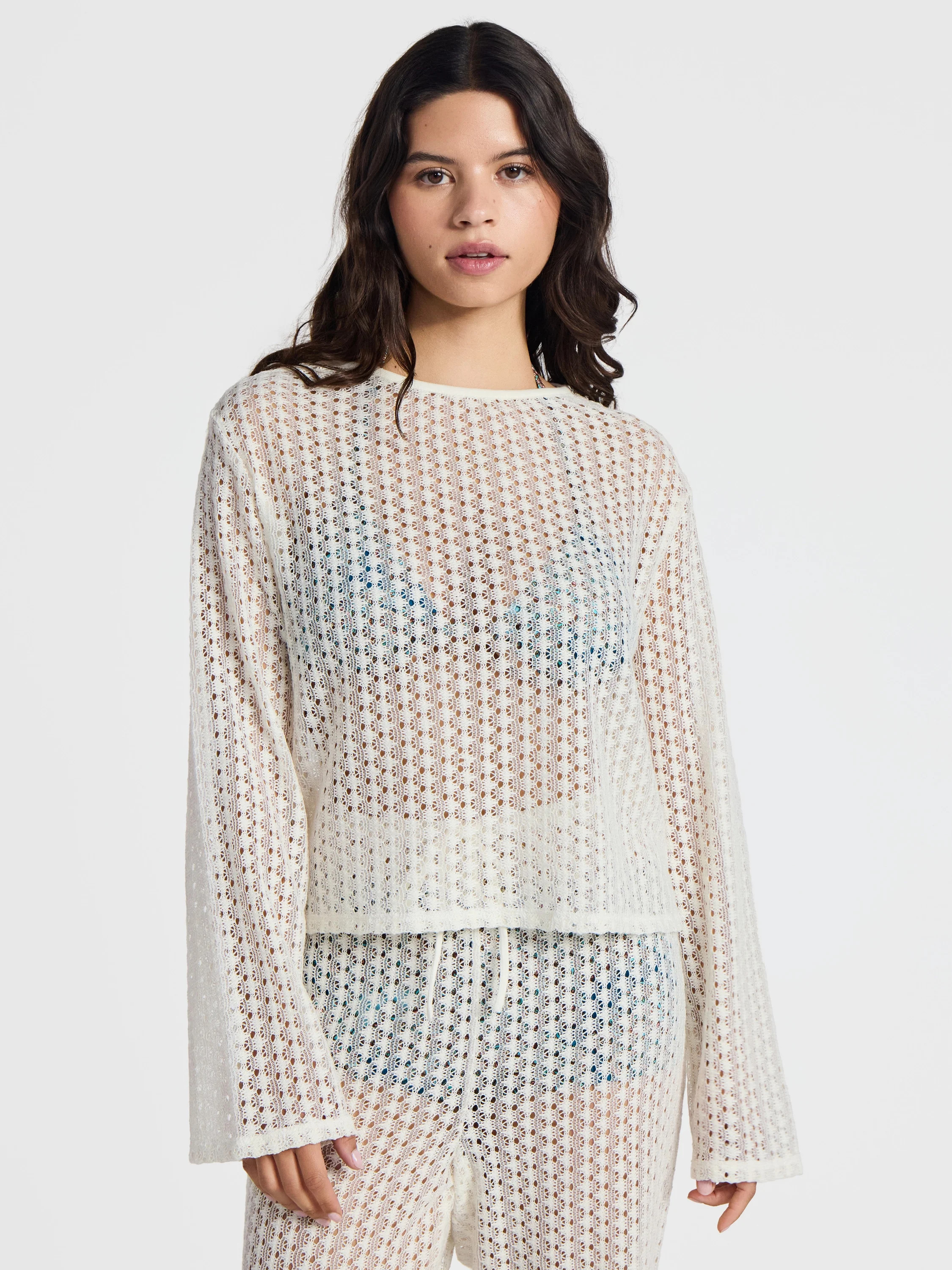 No Boundaries High-Low Crochet Swim Coverup with Long Sleeves, Women's | Walmart (US)