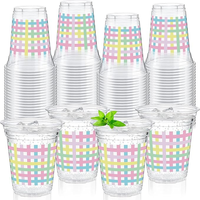 Qinyoung 50 Pcs Easter Pastel Gingham Plastic Cups 12oz Buffalo Plaids Checkered Disposable Cups ... | Amazon (US)