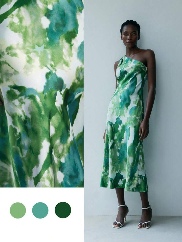 SHEIN Maija Summer Graduation Dress Women Fashionable Oblique Shoulder Design Long Printed Green ... | SHEIN