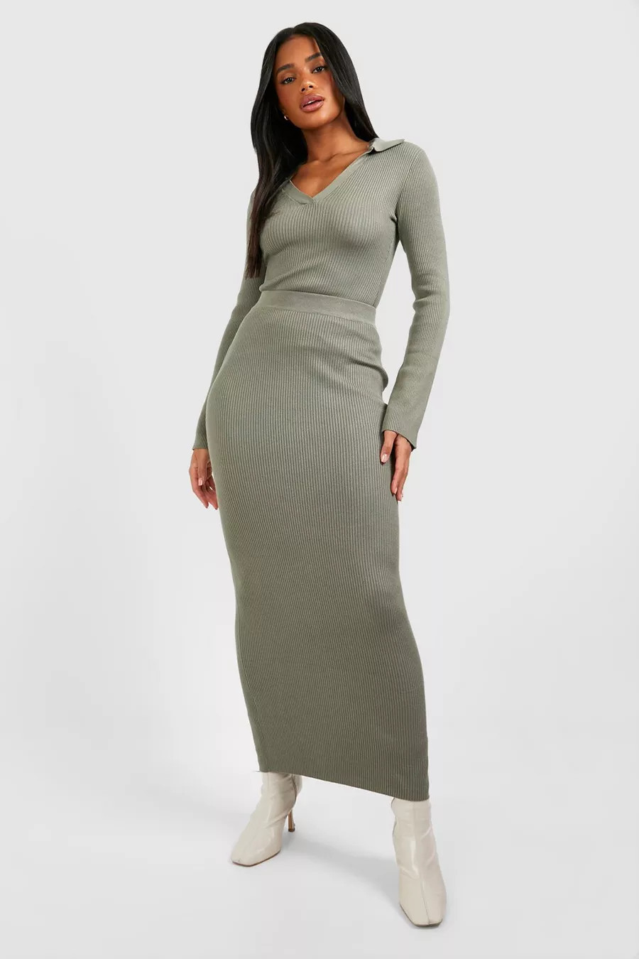 Polo Collar Rib Knit Top And Maxi Skirt Set | boohoo (US & Canada)