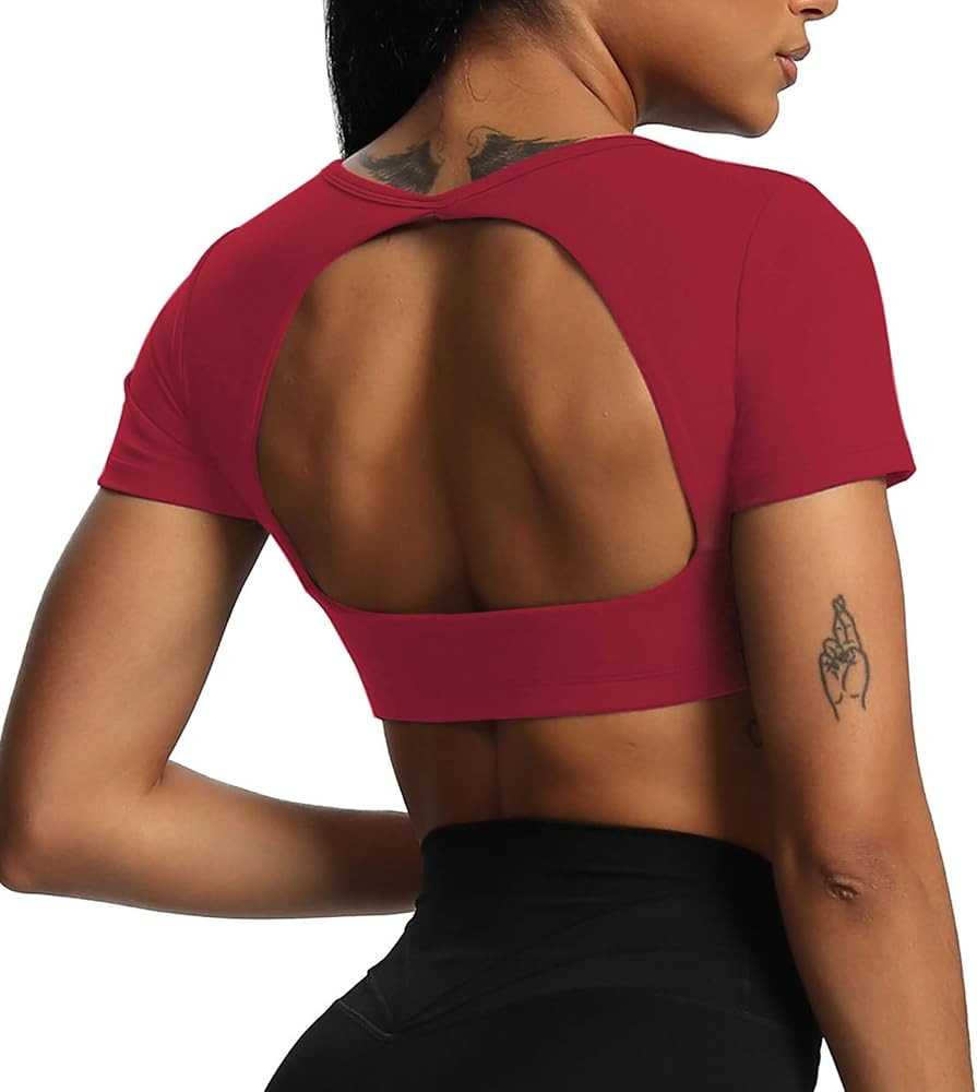 Aoxjox Short Sleeve Crop Tops for Women Clarissa Hollow Back Workout Cropped T Shirt Top | Amazon (US)