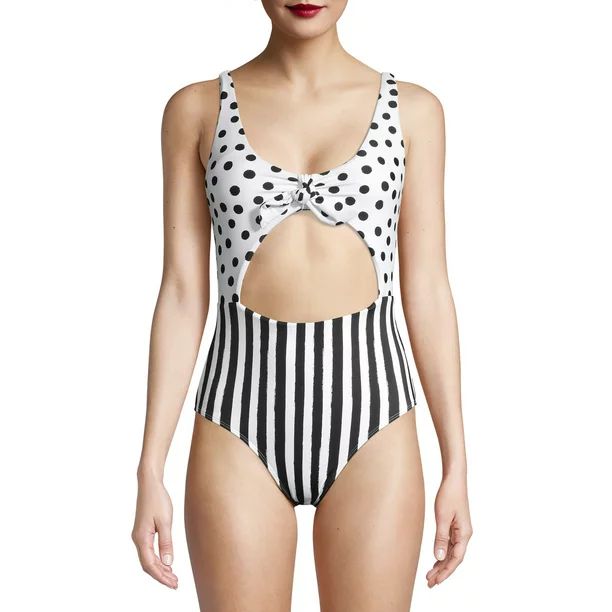 No Boundaries Juniors' Polka Dot & Stripe One-Piece Swimsuit | Walmart (US)