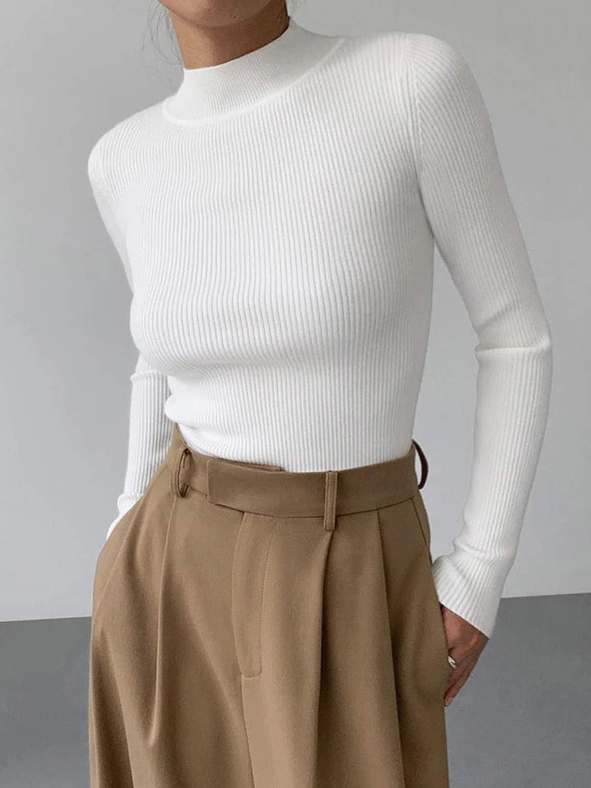 Mock Neck Rib Long Sleeve Knit Top | Commense