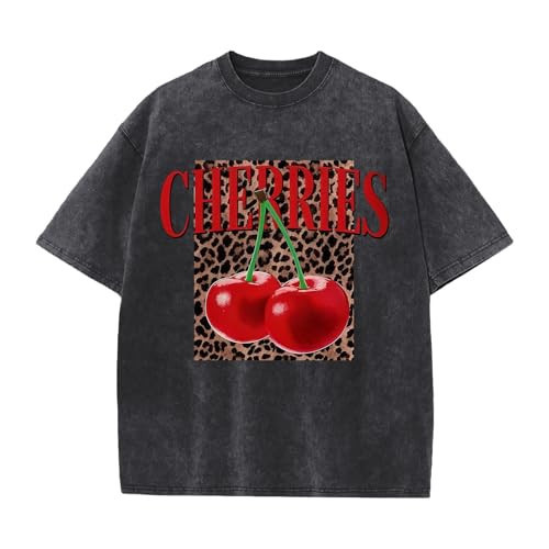 Oiiaayy Oversized Cherry Graphic Tees for Women Vintage Leopard Cherry Fruit Shirt Acid Wash Crewneck Streetwear T Shirts Top (Black,XL) | Amazon (US)