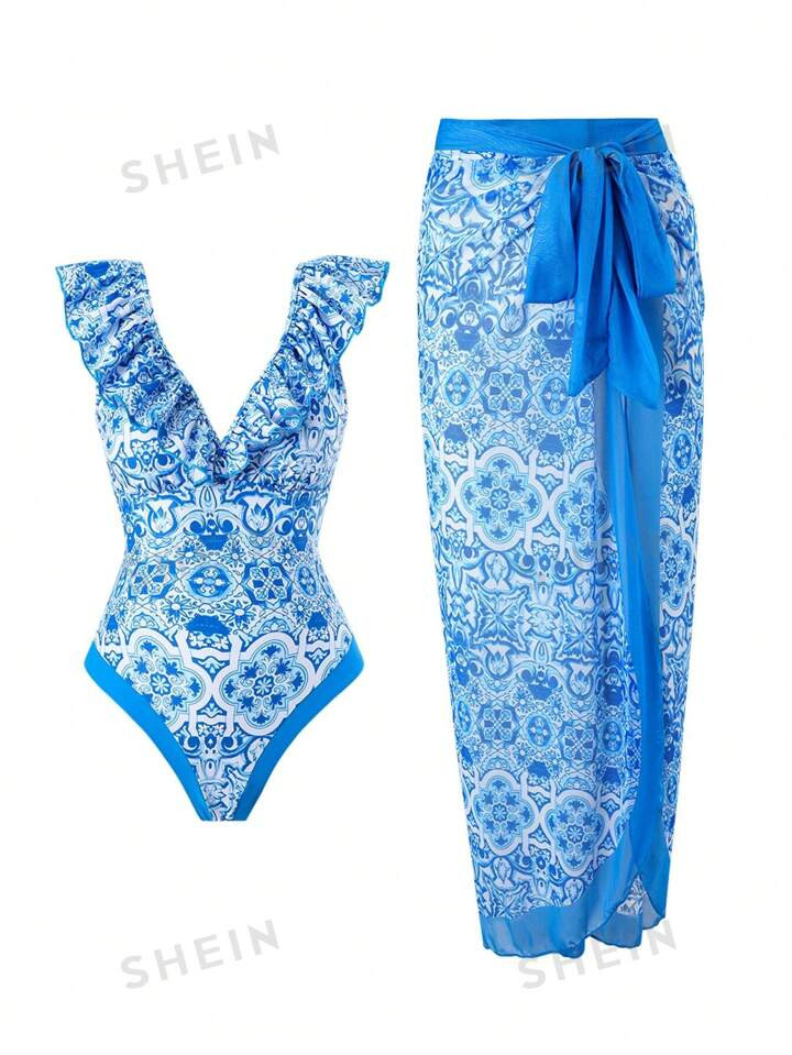 Random Printed Ruffle Trim One Piece Swimsuit And Knot Front Cover Up Skirt Set | SHEIN