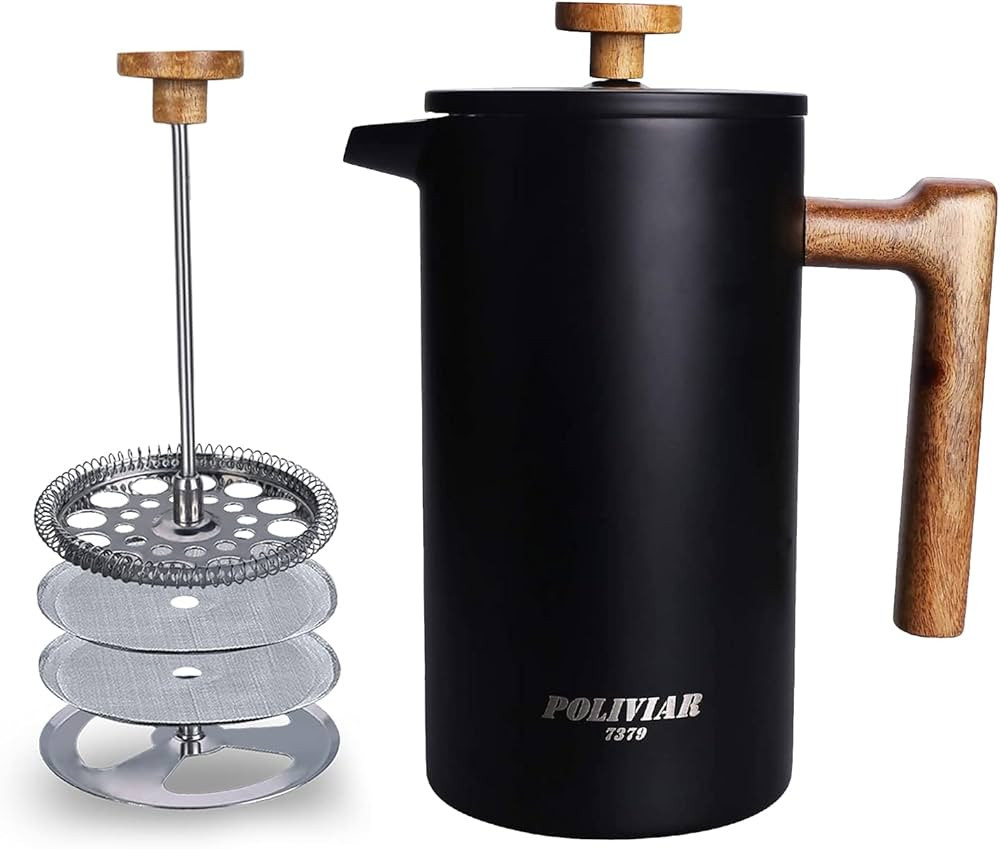 POLIVIAR French Press Coffee Maker, 34 Ounce Coffee Press with Real Wood Handle, Double Wall Insu... | Amazon (US)