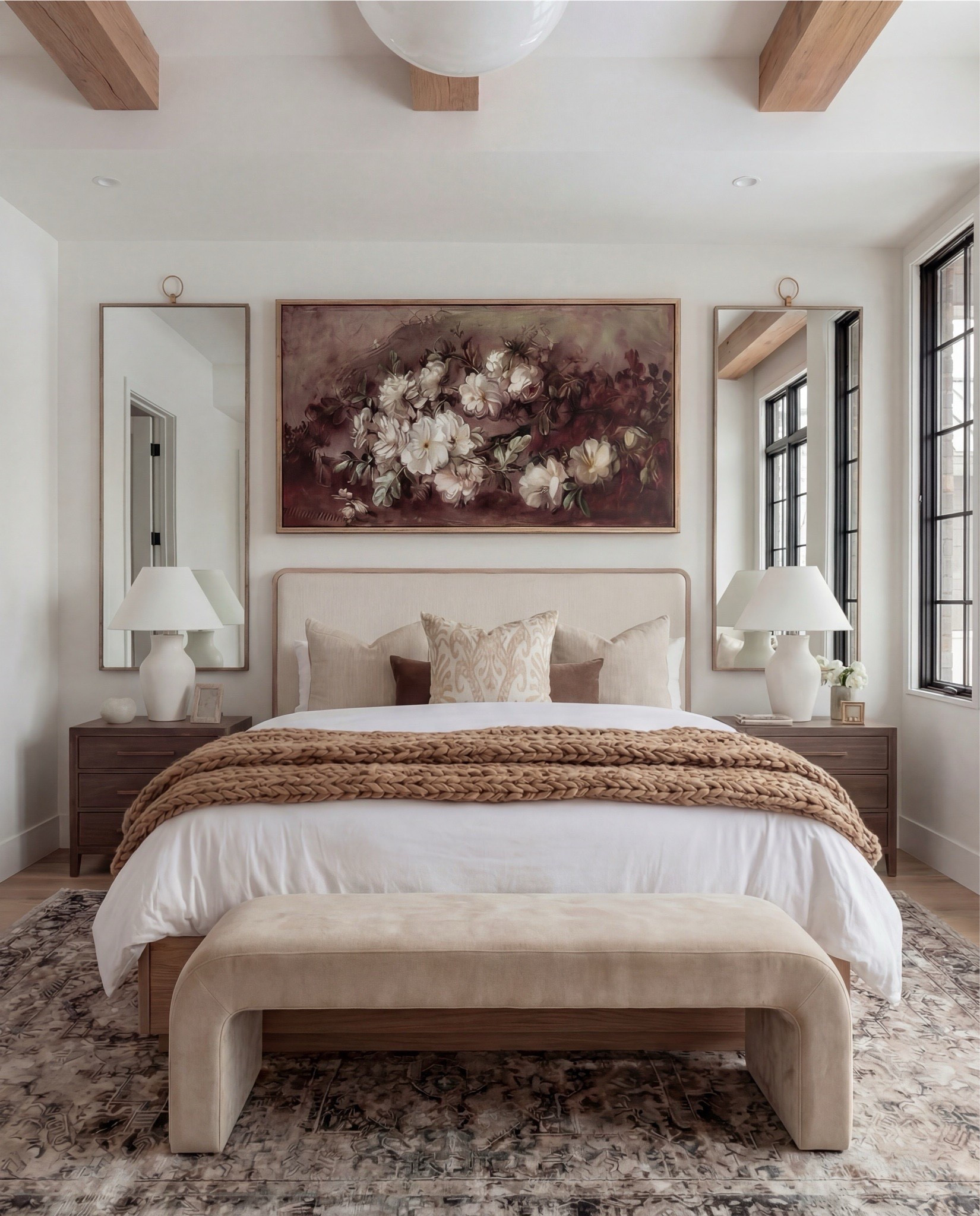 Shop the Look: Bedroom Refresh
• Upholstered bed frame (light neutral fabric)
• White cotton duvet cover + pillow shams
• Neutral patterned area rug
• Chunky knit throw blanket (warm beige)
• Woven knit poufs (foot-of-bed seating)
• Dark wood nightstands with brass pulls
• Sculptural white ceramic table lamps
• White tapered lamp shades
• Brass-framed rectangular mirrors
• Framed floral artwork (warm, moody tones)
• Neutral linen accent pillows
• Ceramic decorative bowl (white sculptural style)
• Small glass vase with white florals
•Dark wood dresser
•wood upholstered accent chair 
•brass tray
•black leaf decor
•brown wall art
•round wall sconce 
•wood decor beads 

#LTKHome #LTKSaleAlert