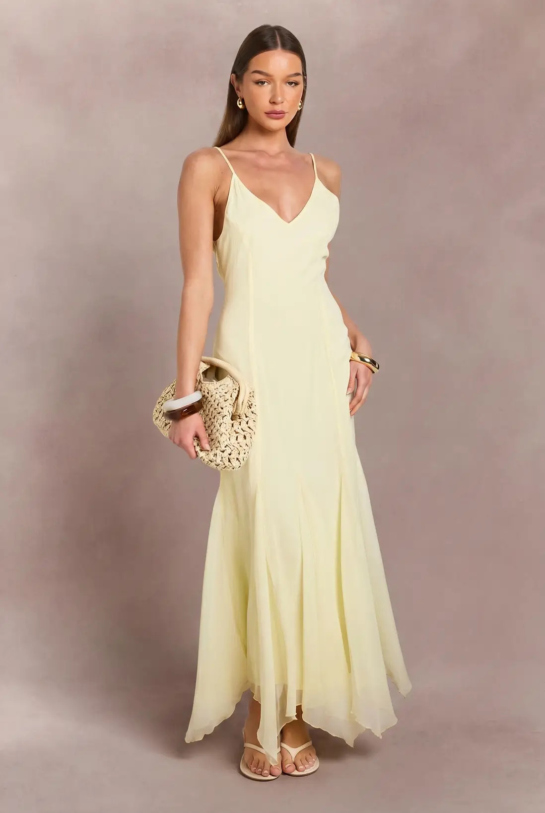 Lemon Tonal Chiffon Godet Hem Maxi Dress | Boohoo | Boohoo.com (UK & IE)