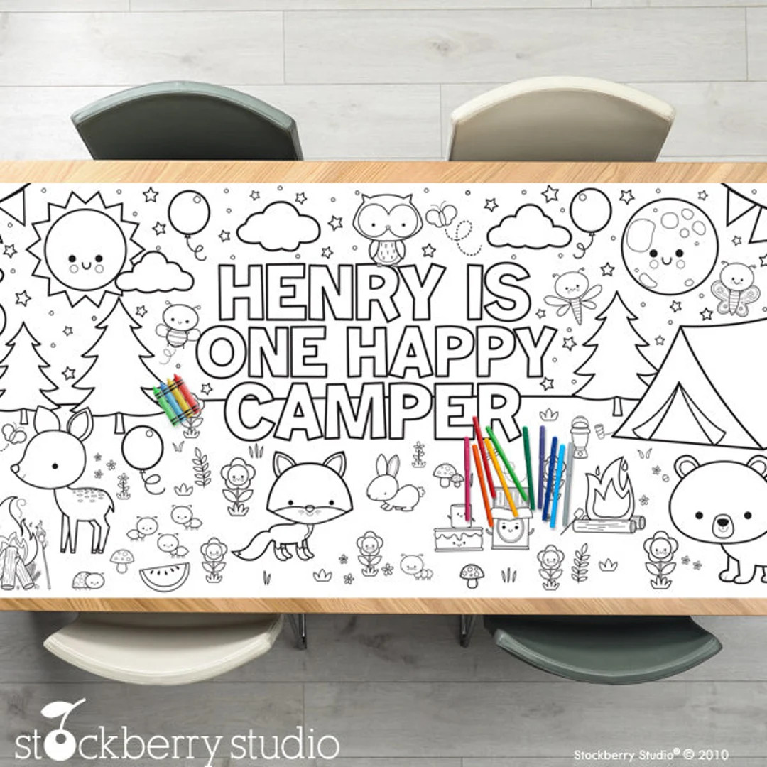 Camp Coloring Tablecloth Decorations One Happy Camper Birthday Camping Kids Party Games Activity ... | Etsy (US)