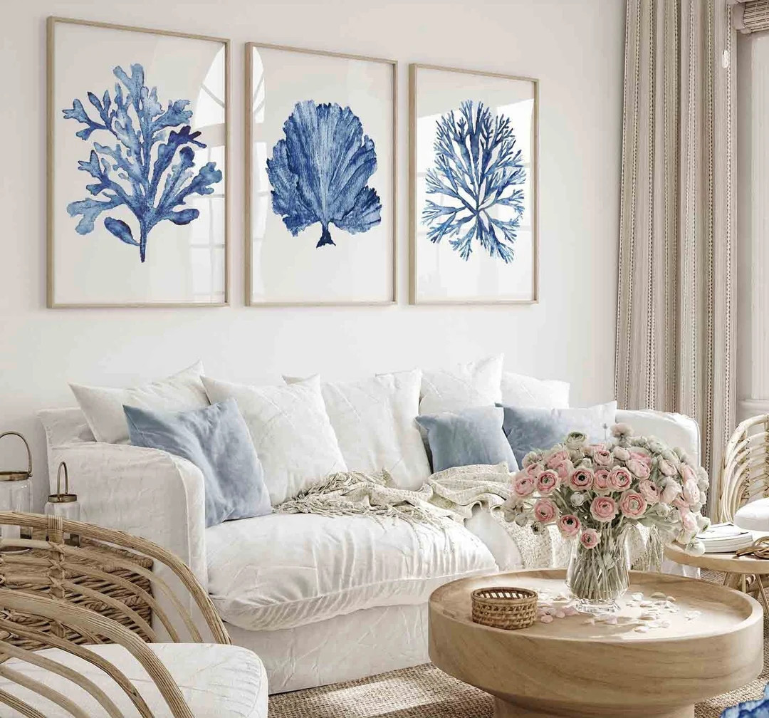 Wall Art Blue Coral Seaweed Print Set of 3, Minimalist Decor, Navy Blue Watercolor Painting 3 Pie... | Etsy (US)