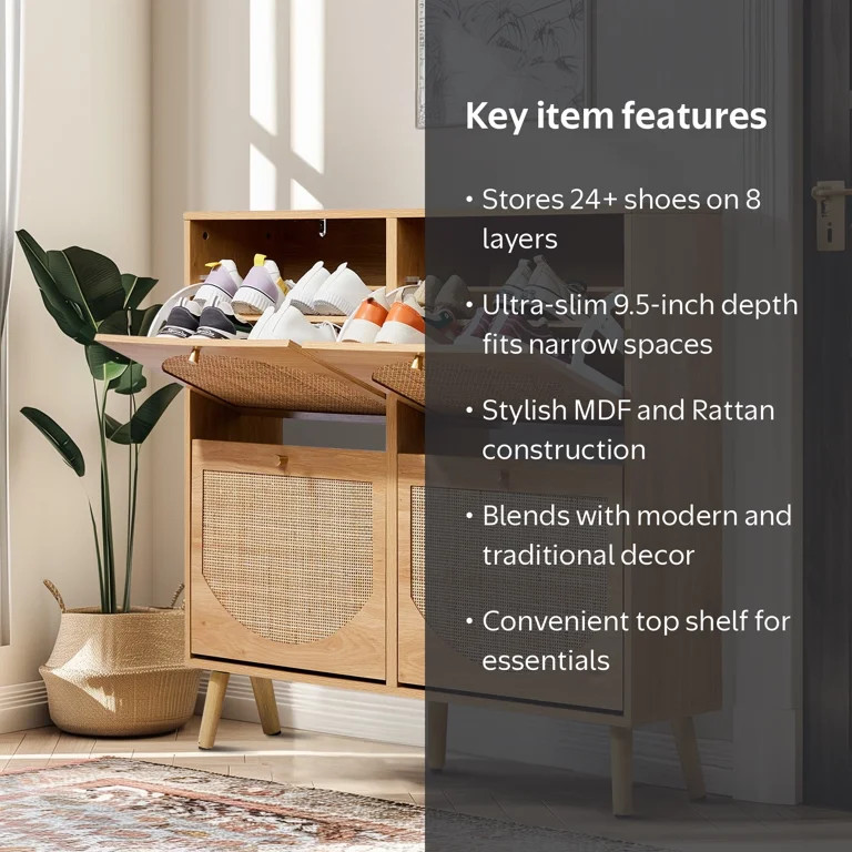 Ktaxon Rattan Shoe Cabinet with 4 Flip Drawers 24 Pairs,Narrow Shoe Storage Cabinet for Entryway,... | Walmart (US)