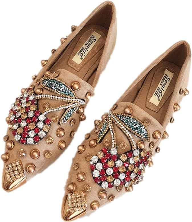 SWYIVY Women Rhinestone Flats Slip On Pointed Toe Sparkle Flats Faux Suede Sparkle Ballet Embelli... | Amazon (US)