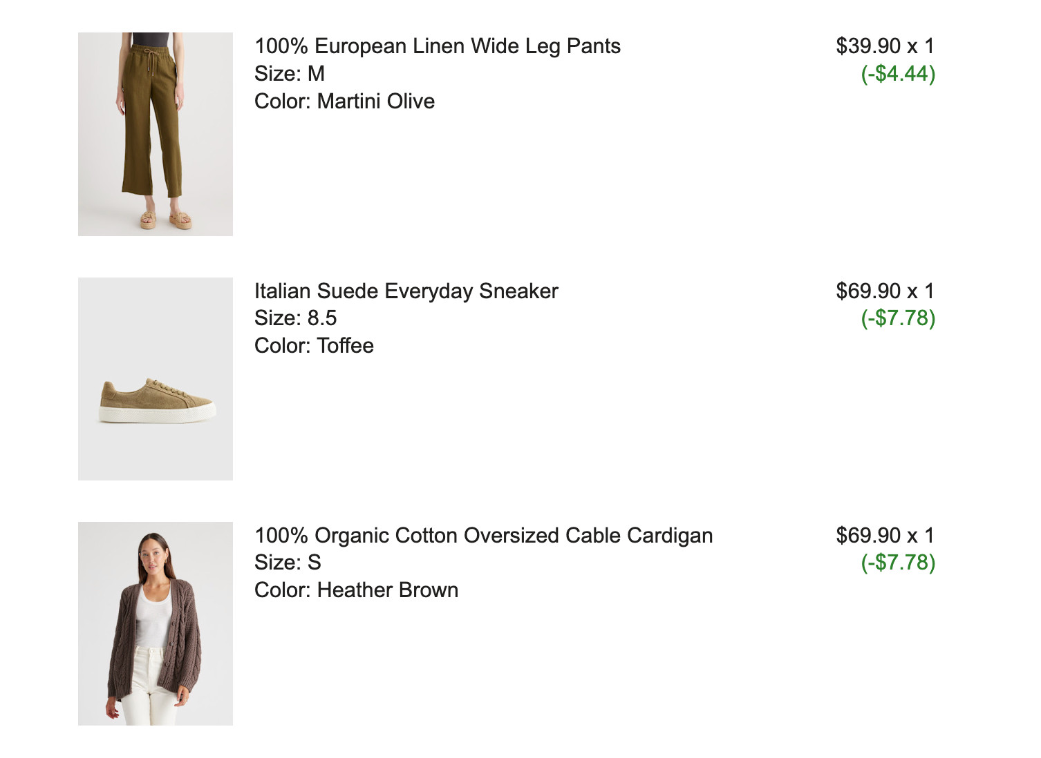 What's in my Quince order? My first order ever from Quince, and here's what I got:

	
The 100% European Linen Wide Leg Pants, the Italian Suede Everyday Sneaker, and the 100% Organic Cotton Oversized Cable Cardigan.

I've heard nothing but good things about Quince, so I finally thought I'd give them a try. I am blown away by the prices and style - the website is full of fashion dupes and home decor dupes made out of QUALITY materials for way, way less. So excited to give them a try! No , this isn't sponsored - I spent my own money. ❤️

If you want $20 off, find me on Instagram @kendrafoundit and shoot met a DM. I have a referral code I can share!  

 #LTKSaleAlert #LTKStyleTip #LTKShoeCrush