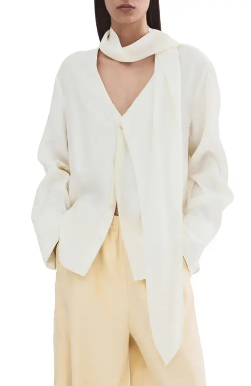 MANGO Scarf Neck Button-Up Top in Ecru at Nordstrom, Size 8 | Nordstrom