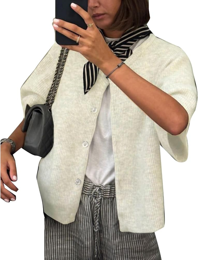 Y2k Short Sleeve Teens Girl Knit Cardigan Shirts Button Up Ribbed Knitted Top Sweaters Preppy Chu... | Amazon (US)