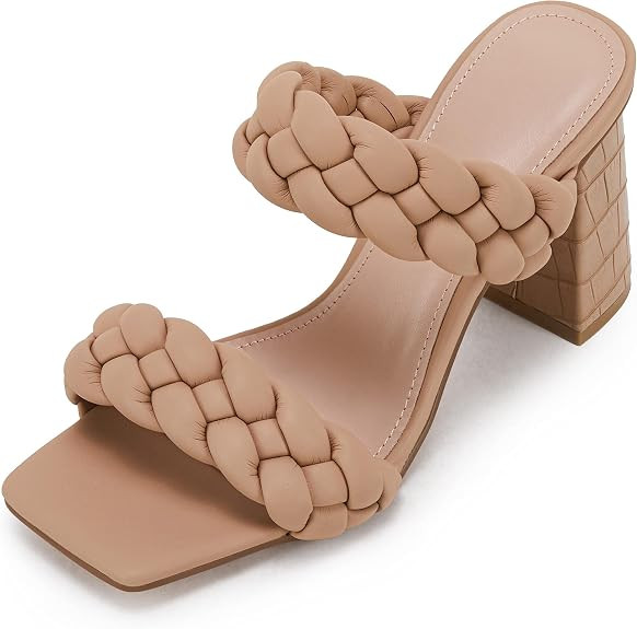 Womens Braided Heeled Sandals Backless Square Open Toe Block Strappy Slip On Slide Shoes | Amazon (US)