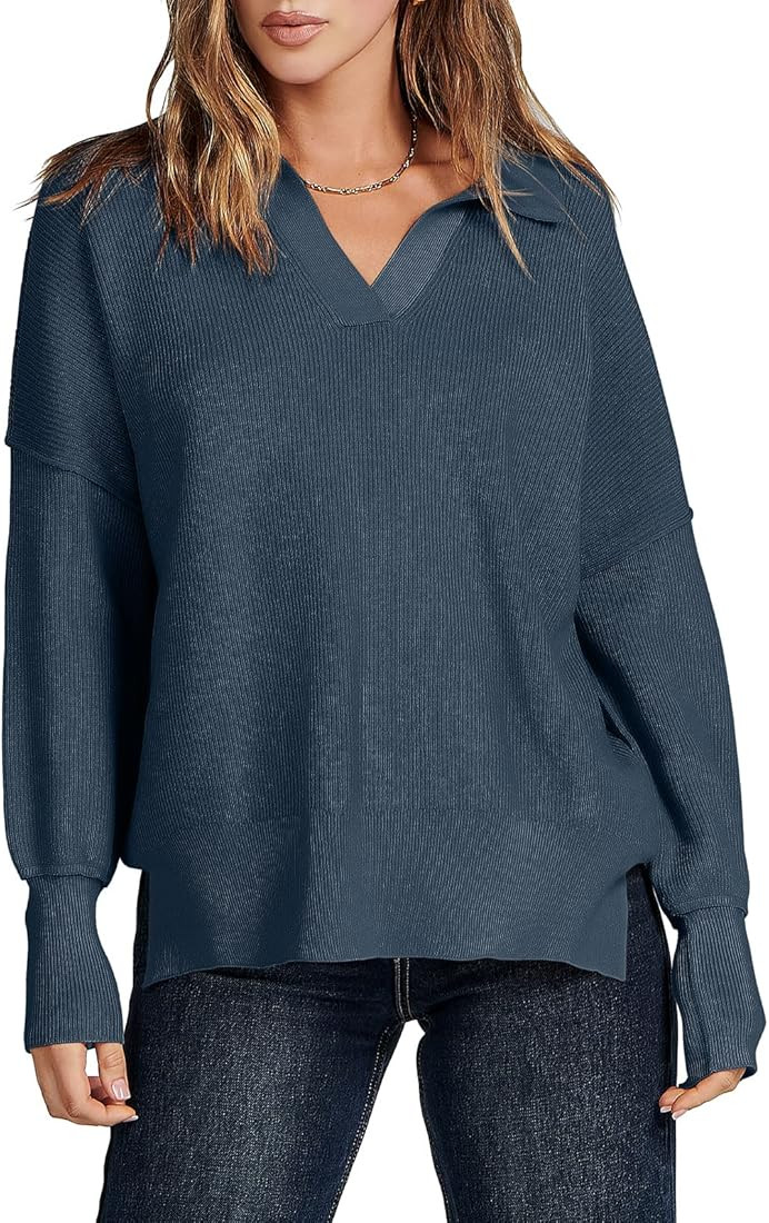 ANRABESS Women's 2022 Fall Batwing Long Sleeve V Neck Overiszed Pullover Sweaters Foldover Collared  | Amazon (US)