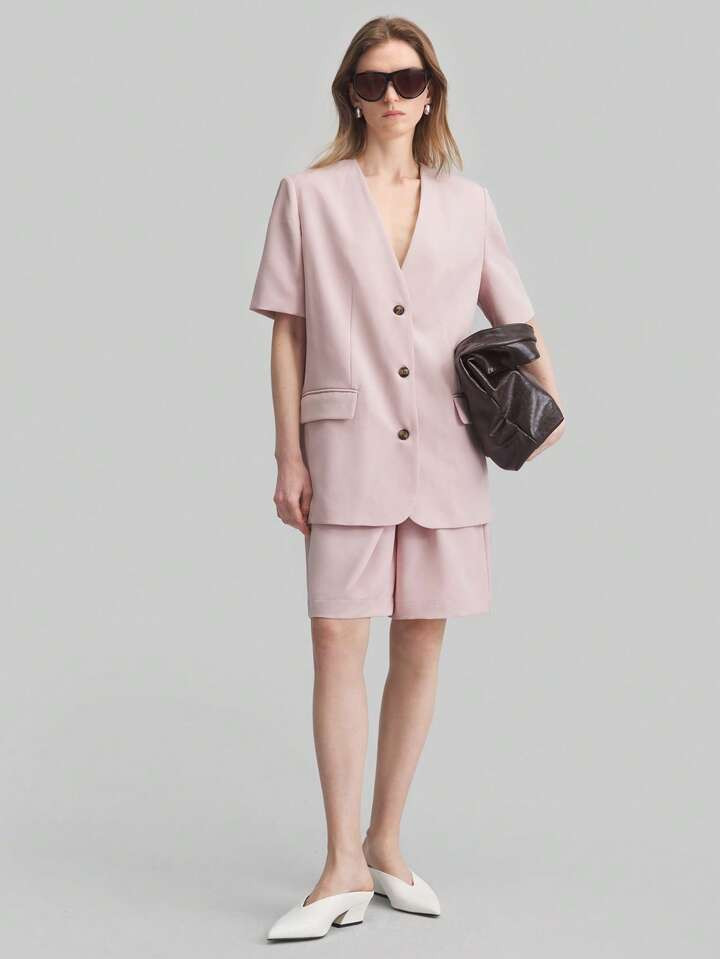 Ontre Floral Print V-Neck Short Sleeve Blazer & Bermuda Shorts Set, Elegant Urban Style, Spring/Summer Outfit | SHEIN