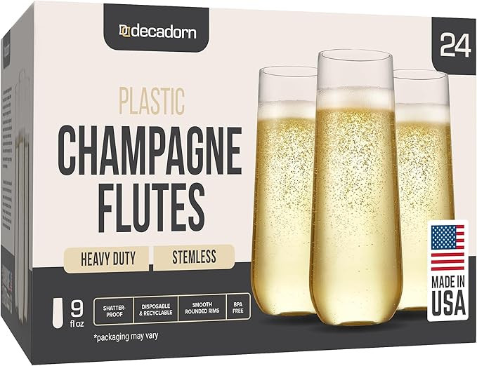 Plastic Champagne Flutes Disposable 24 Pack - 9oz Plastic Champagne Glasses - Clear Stemless Cham... | Amazon (US)