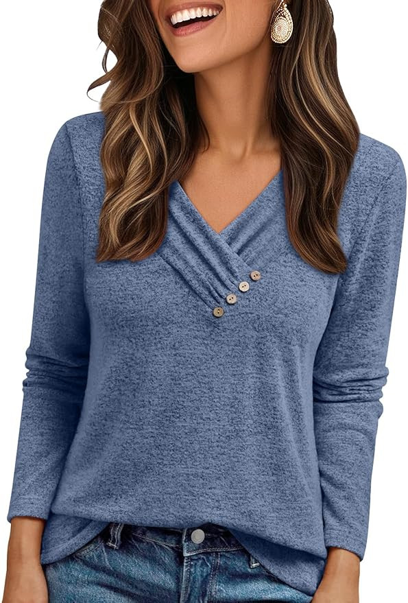AUTOMET Womens Long Sleeve Tunic Top V Neck Button Shirts 2025 Dressy Casual Business Blouses | Amazon (US)