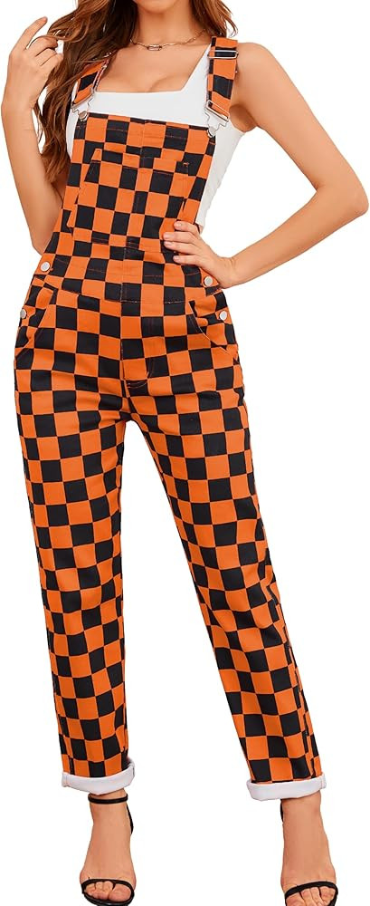 Odefou Checkered Pants Womens Overalls Fashion Bib Coveralls Cute Stretch Jeans Jumpsuit | Amazon (US)