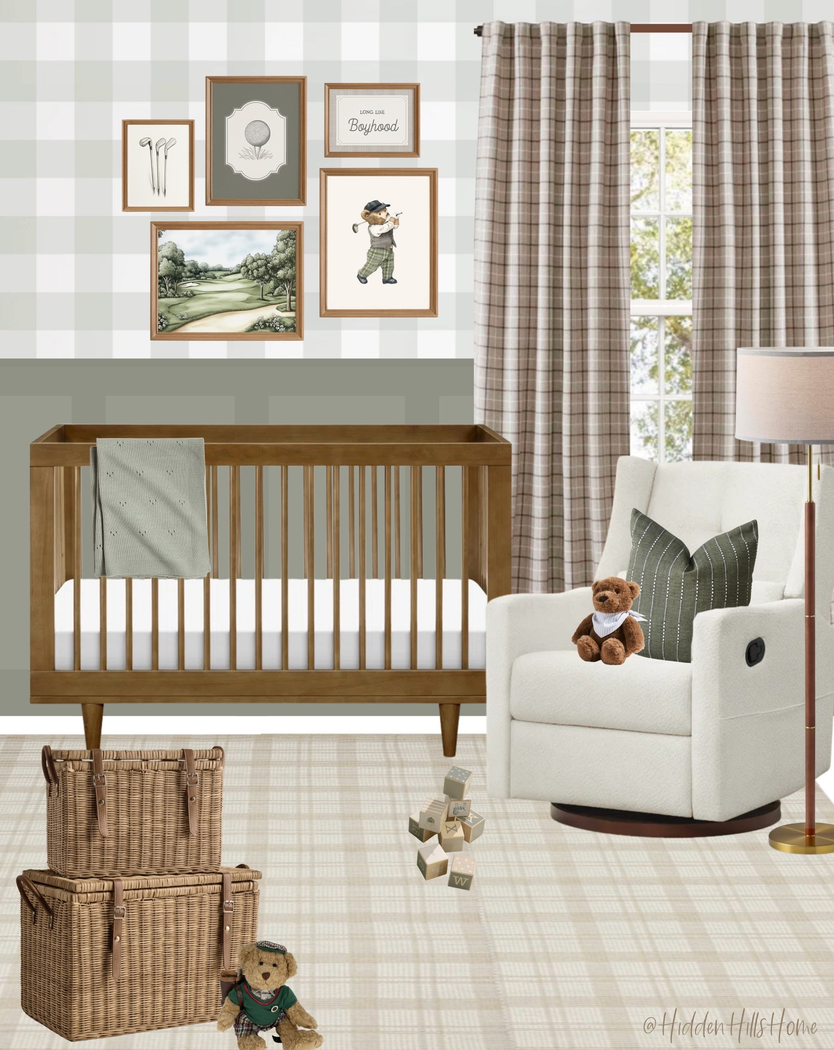 Nursery decor, vintage inspired nursery decor mood board, golf themed nursery, cute baby room decor ideas, nursery design #nursery

Wall color is SW Evergreen Fog 

#LTKHome #LTKBaby #LTKKids