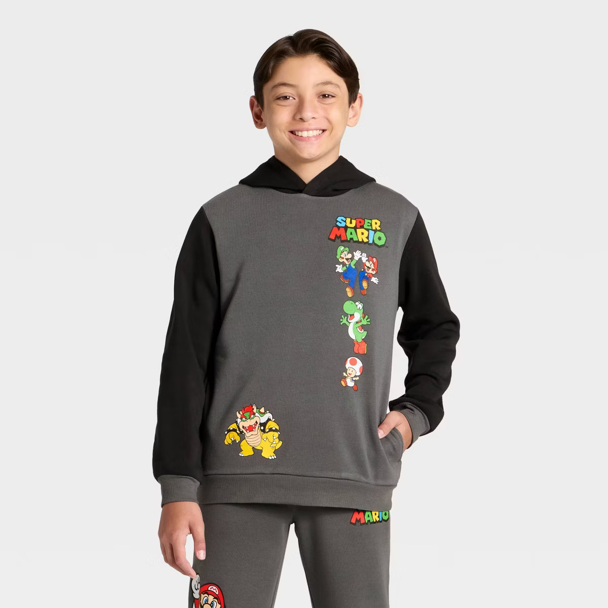 Boys' Super Mario and Luigi Front and Back Graphic Hooded Fleece Sweatshirt - Charcoal Gray | Target