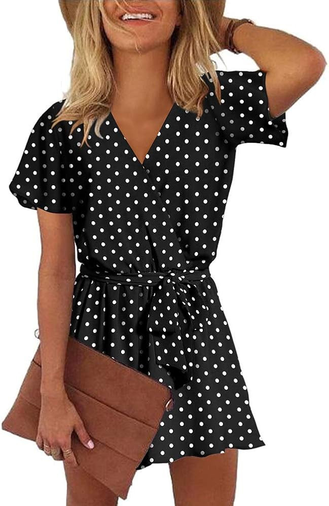 Amazon.com: REORIA Womens Casual Summer One Piece Ruffles Short Sleeve V Neck Tie Front Belted Wr... | Amazon (US)