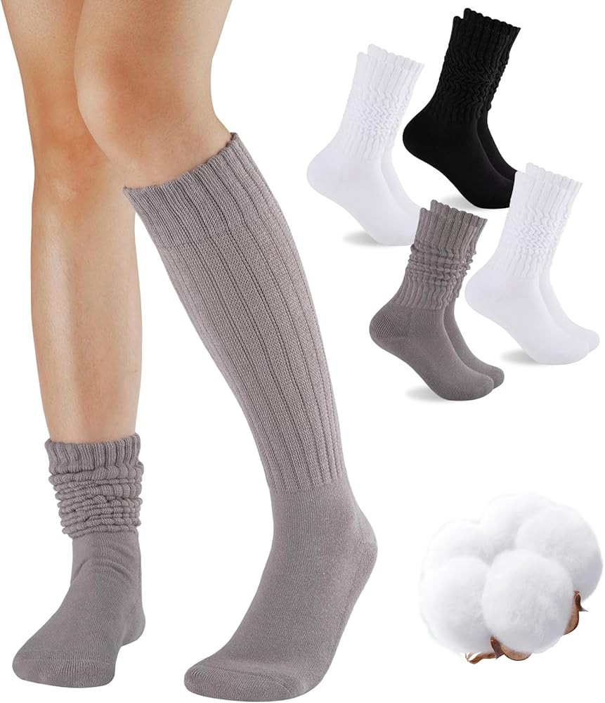COOVAN Slouch Socks Women 4 Pairs Knee High Scrunch Cotton Soft Knit Cushion Extra Long Socks | Amazon (US)
