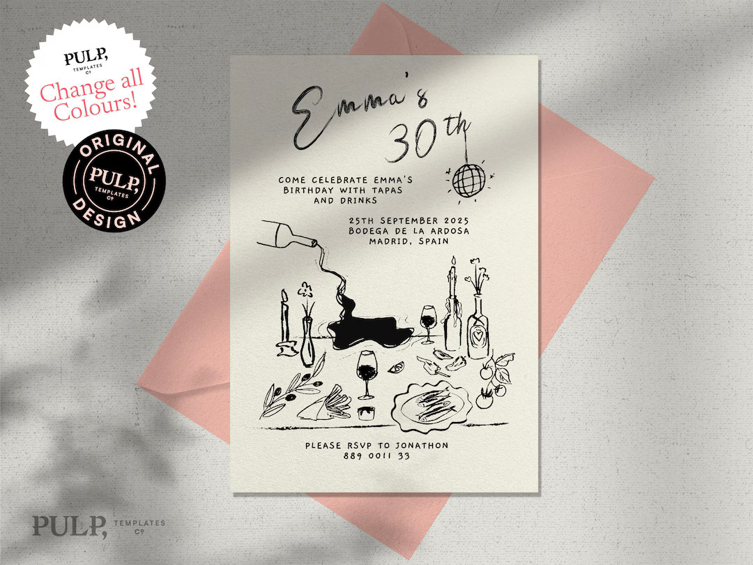 BIRTHDAY INVITE TEMPLATE | 18th 21st 30th 40th 50th  | dinner party tapas | hand drawn | quirky f... | Etsy (US)