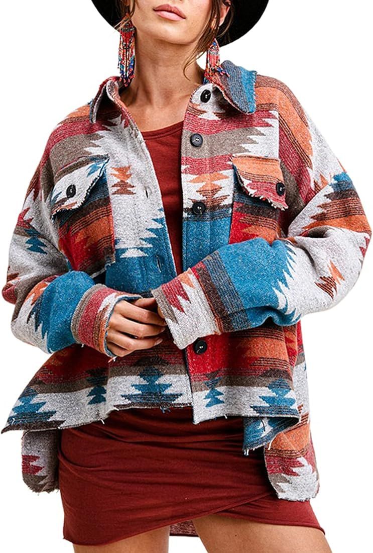 UANEO Womens Aztec Shacket Button Down Boho Western Retro Distressed Shirt Jacket | Amazon (US)