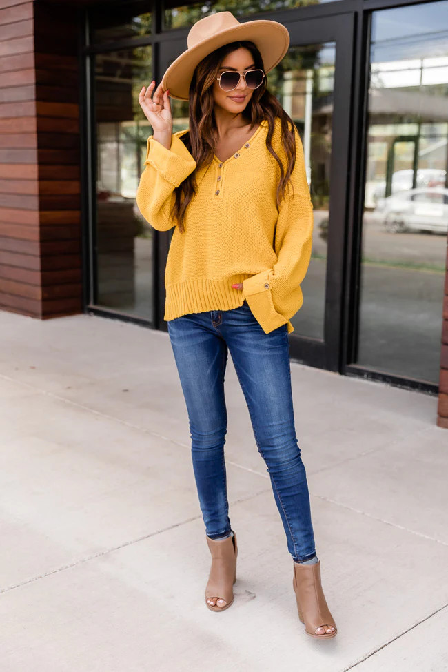Realize Perfection Mustard Henley Sweater | The Pink Lily Boutique