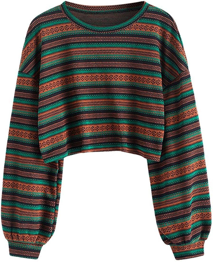 ZAFUL Women's Tribal Ethnic Graphic Cropped Knitwear Bohemian Long Sleeve Pullover Sweater Boho D... | Amazon (US)