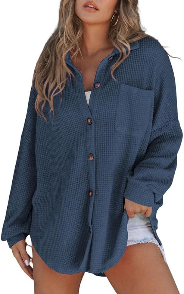 SHEWIN Women's Waffle Knit Button Down Shirts Casual Long Sleeve Shacket Jacket Boyfriend Tops Bl... | Amazon (US)