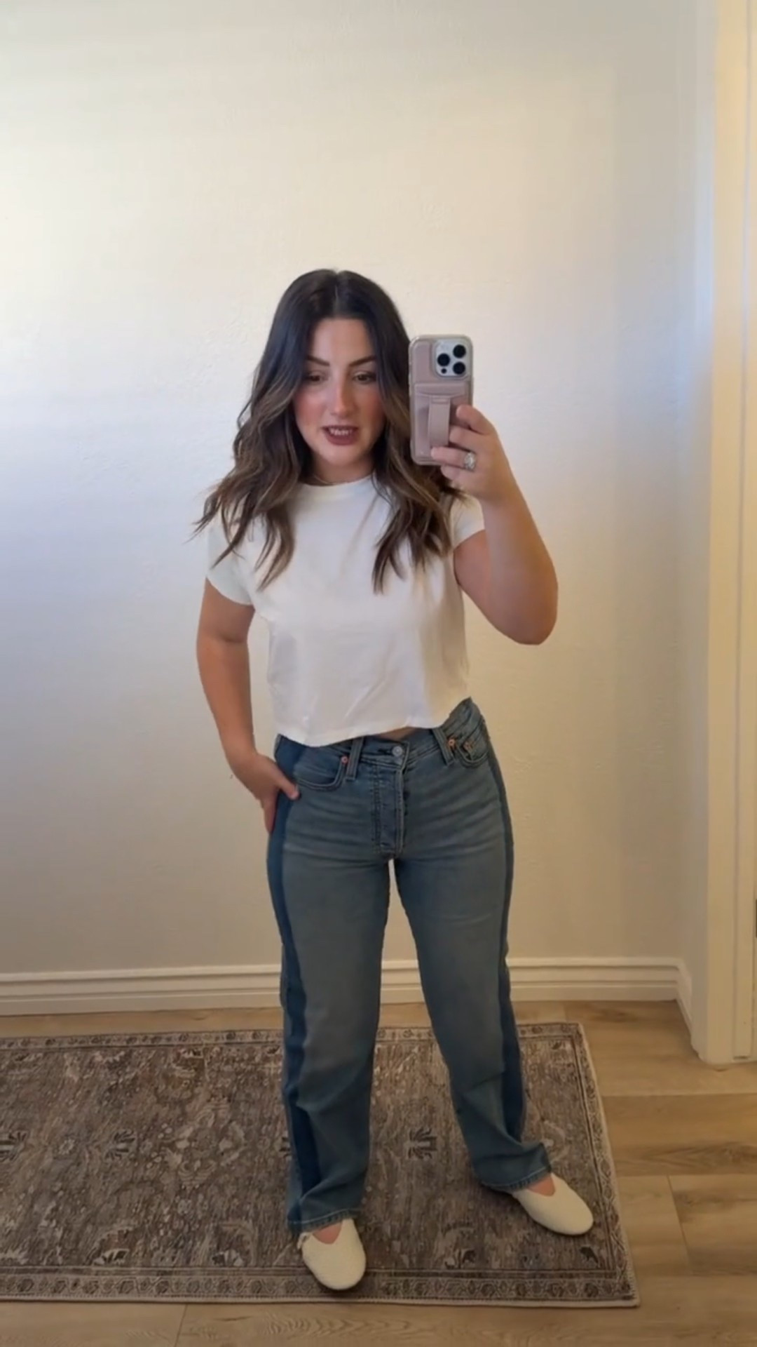 Loving these jeans! Paired with a slightly cropped tee and flats! 

Size small in tee, size 27 in jeans (5'0" 140lbs) 

Petite friendly outfit, Casual everyday outfit


#LTKootd #LTKPetite #LTKSaleAlert