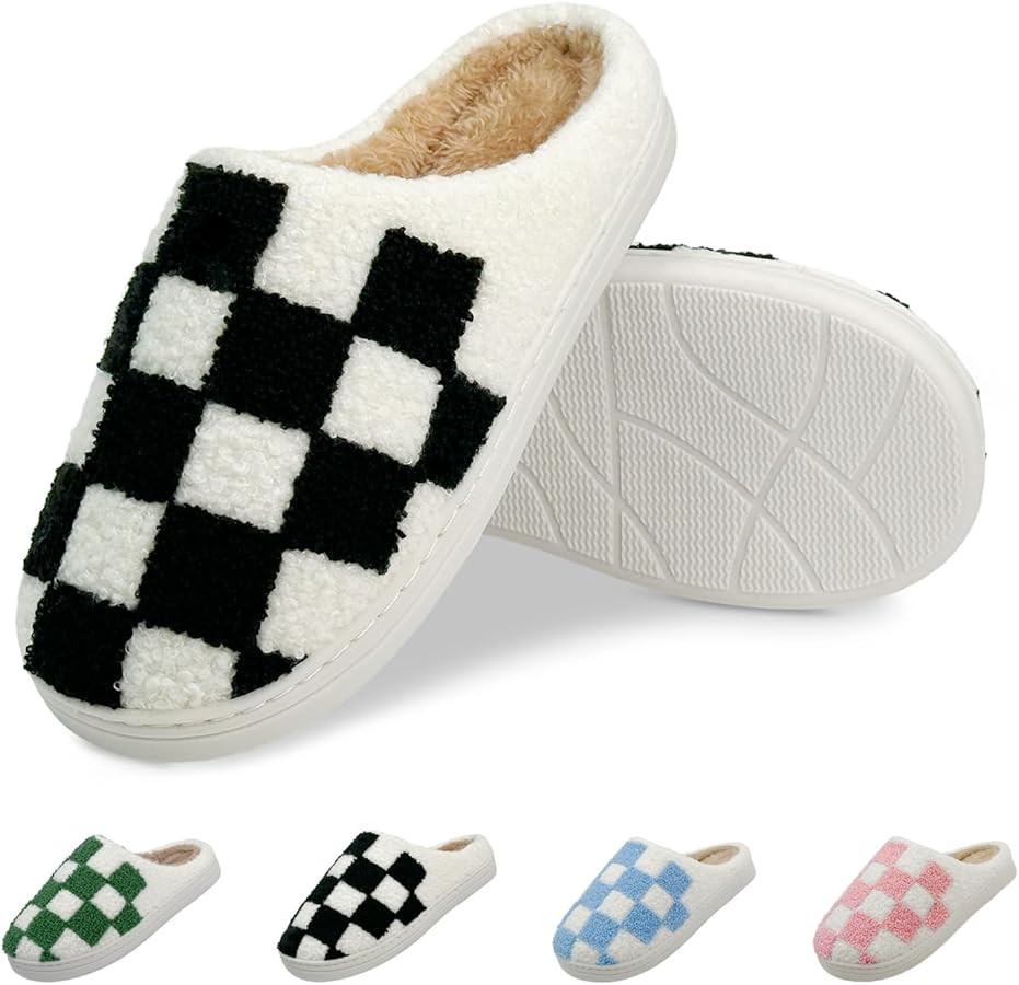 Womens Checkered Slippers House Memory Foam Slippers Soft Fuzzy Bedroom Slippers for Women Indoor... | Amazon (US)
