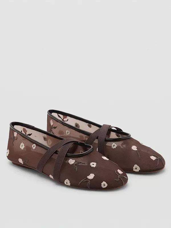 Mango Ballerina Flats With Cross Straps With Embroidered Flowers - Brown | Very (UK)