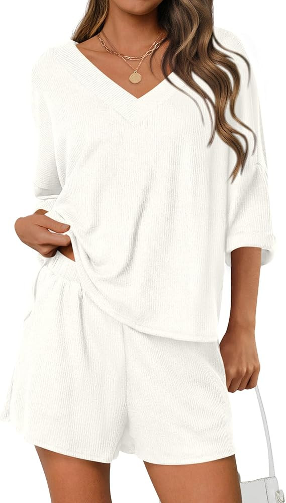 PRETTYGARDEN Womens 2 Piece Sets 2026 Oversized Vneck Half Sleeve Tops Shorts Lounge Set Casual S... | Amazon (US)