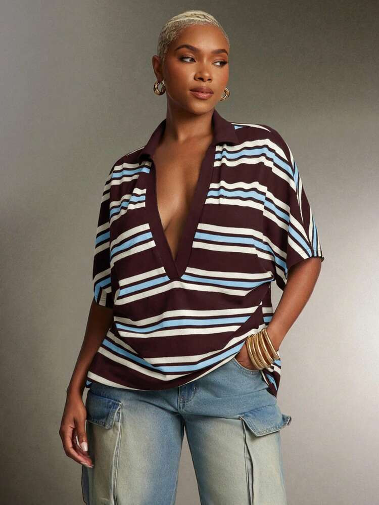 Denimoi Plunge Neck Collared Oversized Striped Polo Top Fashionable Tops | SHEIN