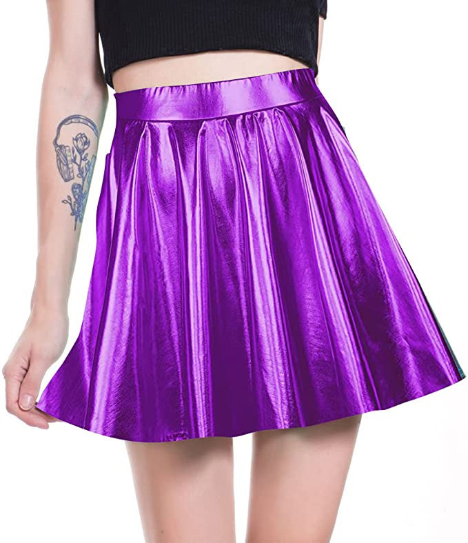 UTTPLL Women's Shiny Flared Metallic Holographic Pleated Mini Skater Skirt High Waist Costome Ple... | Amazon (US)