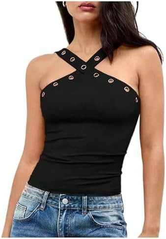 Verdusa Women's Criss Cross Halter Top Rave Club Grommet Eyelet Date Night Tops | Amazon (US)