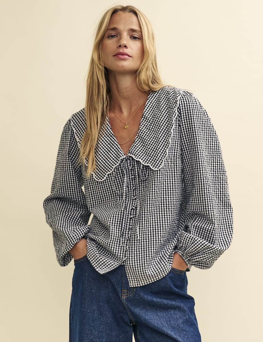 Black Gingham Peter Pan Collar Long Sleeve Blouse | Nobody's Child
