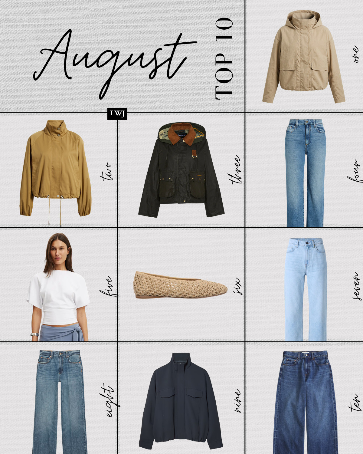 top 10 bestsellers for august! 

1. lululemon always effortless jacket 
2. rails blake jacket -- linked to 2 other colors
3. barbour jacket -- beautiful quality & detail 
4. paige stevie ankle jeans 
5. cotton on elevated tee -- under $30
6. nordstrom woven flats -- under $100
7. quince barrel jeans -- $50 find with some stretch
8. aritzia denim forum farrah jeans -- classic 100% denim, comes in your classic denim colors
9. aritzia oculus jacket -- a chic relaxed bomber in a wrinkle-resitant fabric 
10. abercrombie wide leg jeans  

 #LTKSeasonal