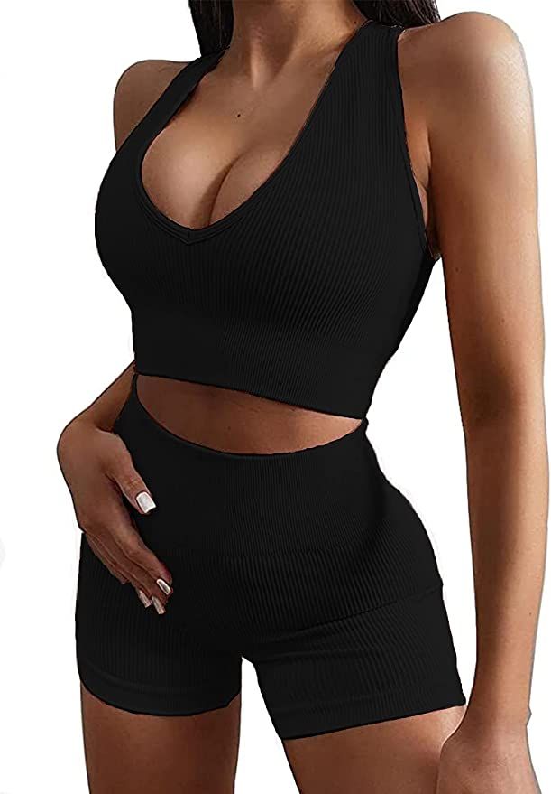 Micoson Womens Seamless Workout Sets Two Piece Exercise Outfits Ribbed Racerback Activewear Sets | Amazon (US)